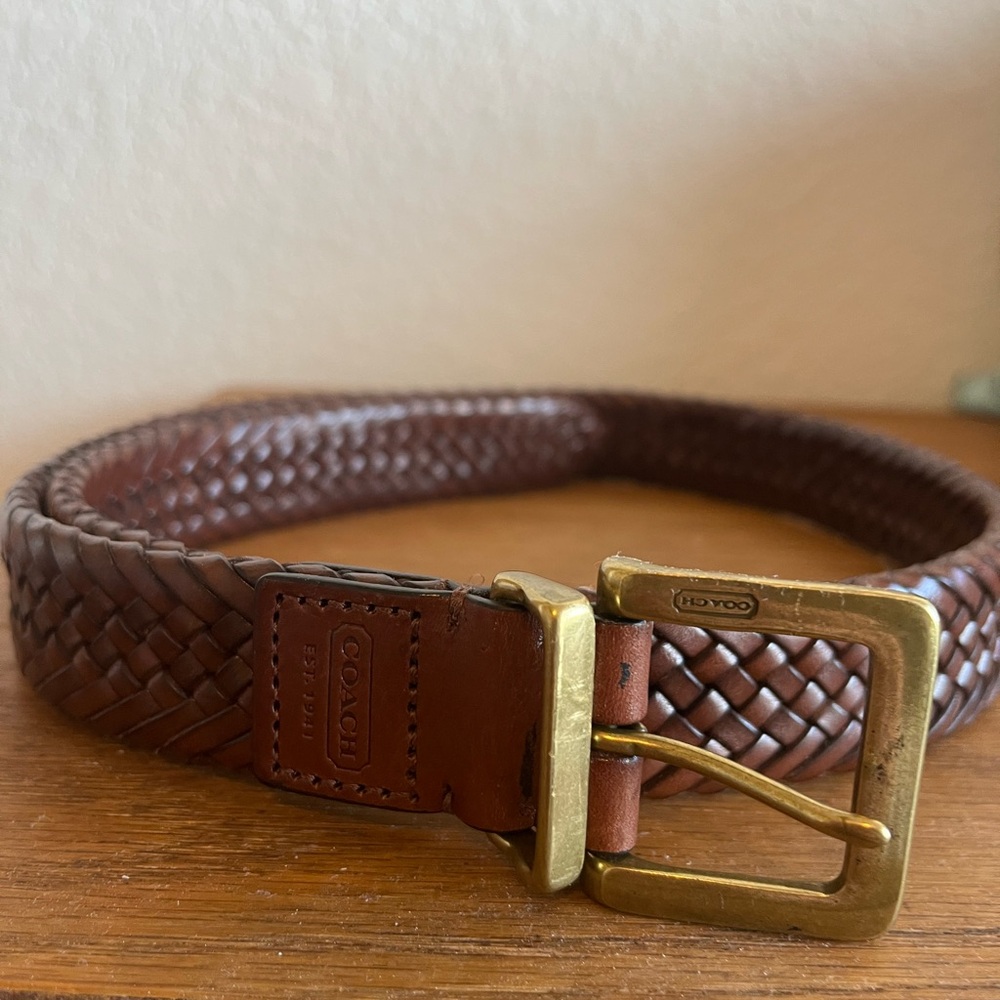 Coach Brown Braided Leather Belt with Gold Buckle